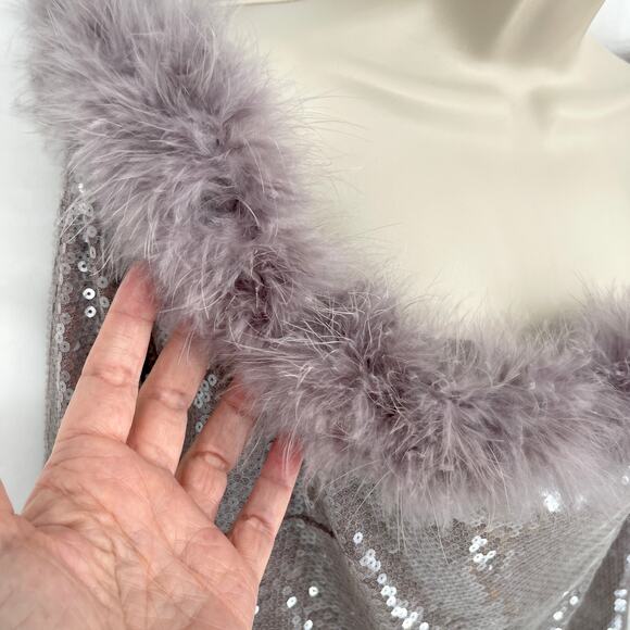 Forever 21 Faux Fur Trim Off Shoulder Sequin Crop Top Sz 3X Lavender Stretch - Picture 2 of 14